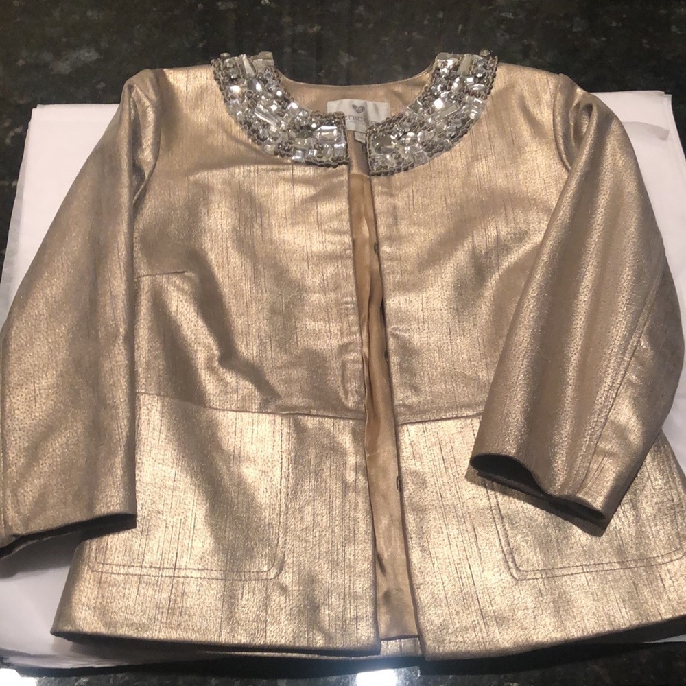 Gold leather Chicos jacket with jeweled collar size 0